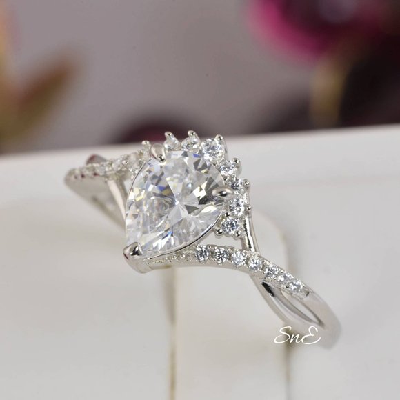 New Lab Diamond Halo Pear Engagement Ring - Picture 9 of 11